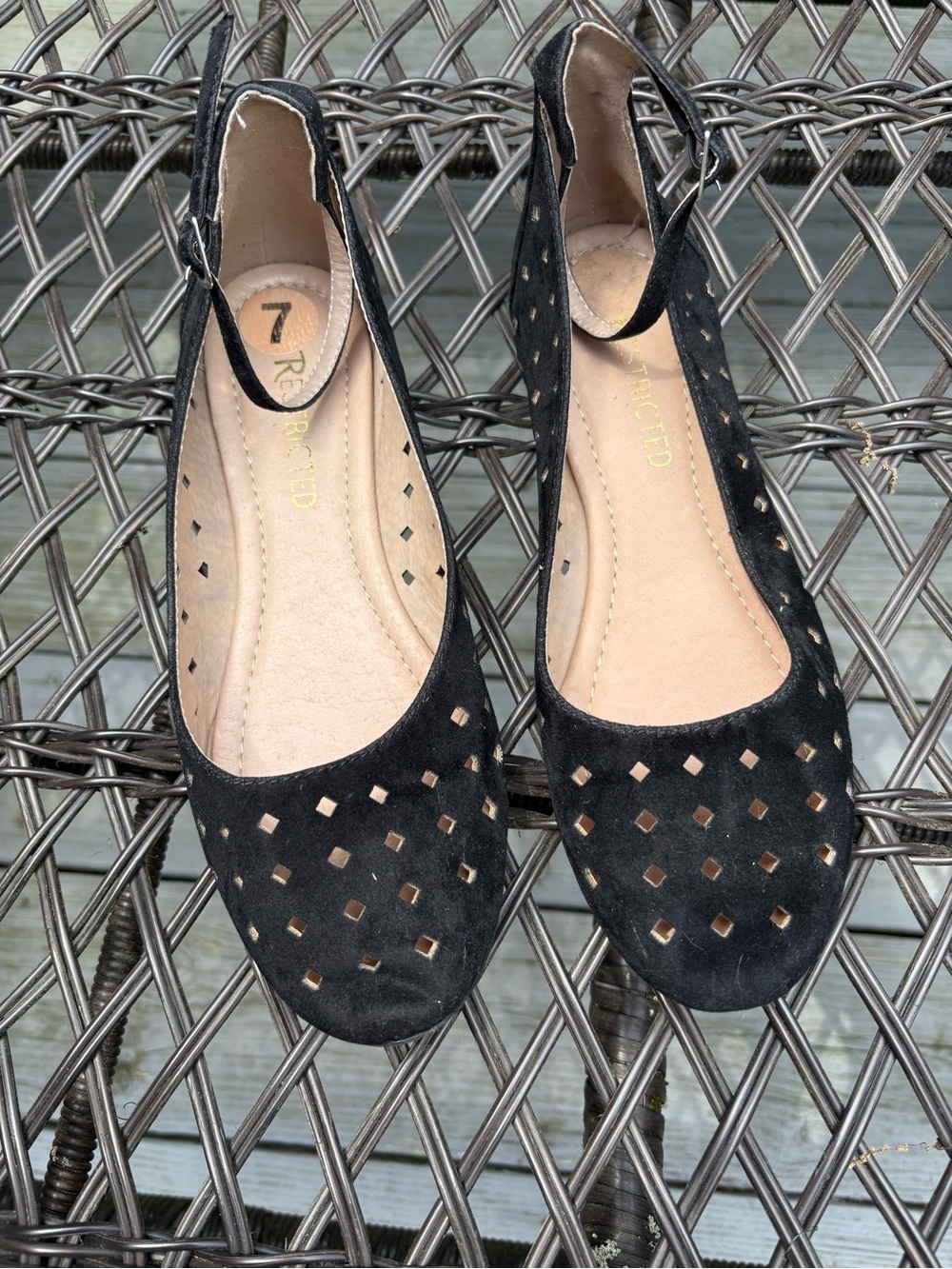 Restricted Black Perforated Slingback Flats with Diamond Cutouts
